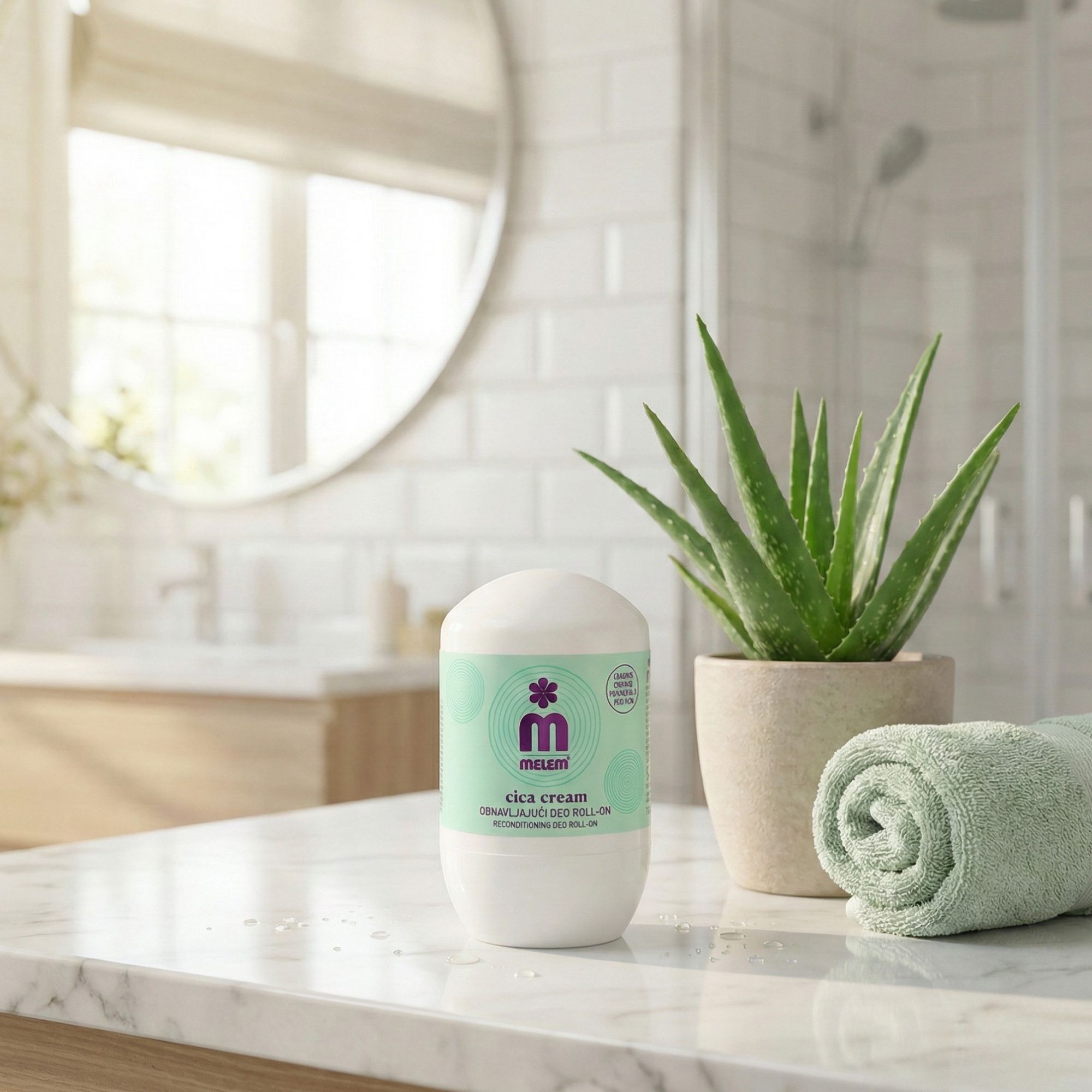 Weißer Roll-On-Deo mit grüner Banderole. Aufschrift: Cica Cream. Neben Aloe Vera in Topf und Handtuch.