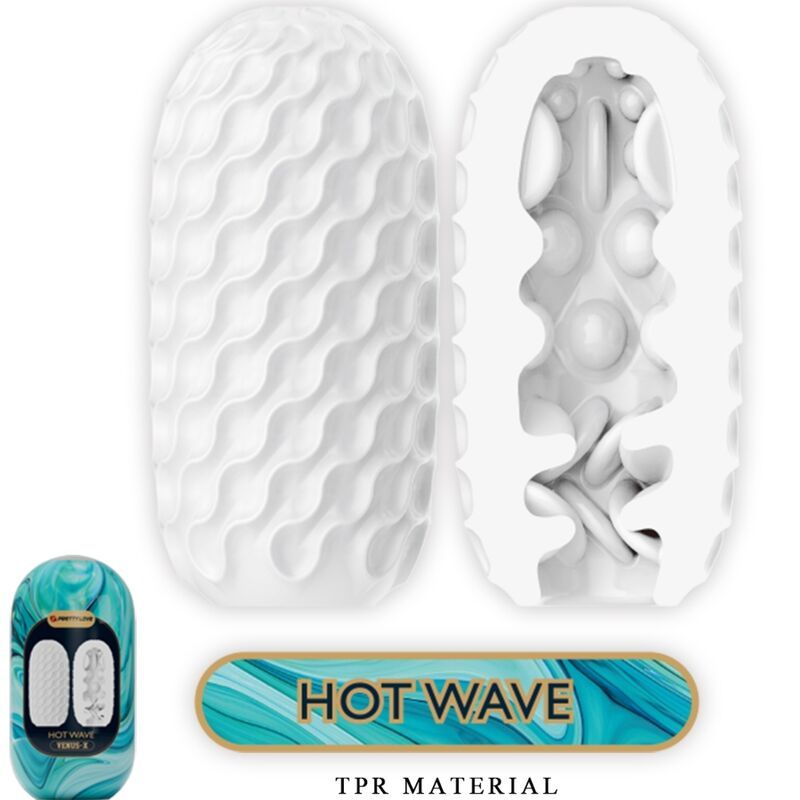 Produkt mit Wellenmuster und Innenstruktur. Auf der Verpackung steht "Hot Wave" und "TPR MATERIAL". Das Produkt ist in zwei Teile geteilt.