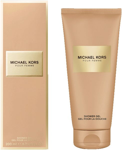 Beige Duschgel-Tube und Karton. Aufschrift: Michael Kors Pour Femme. Produktname und Marke deutlich sichtbar.