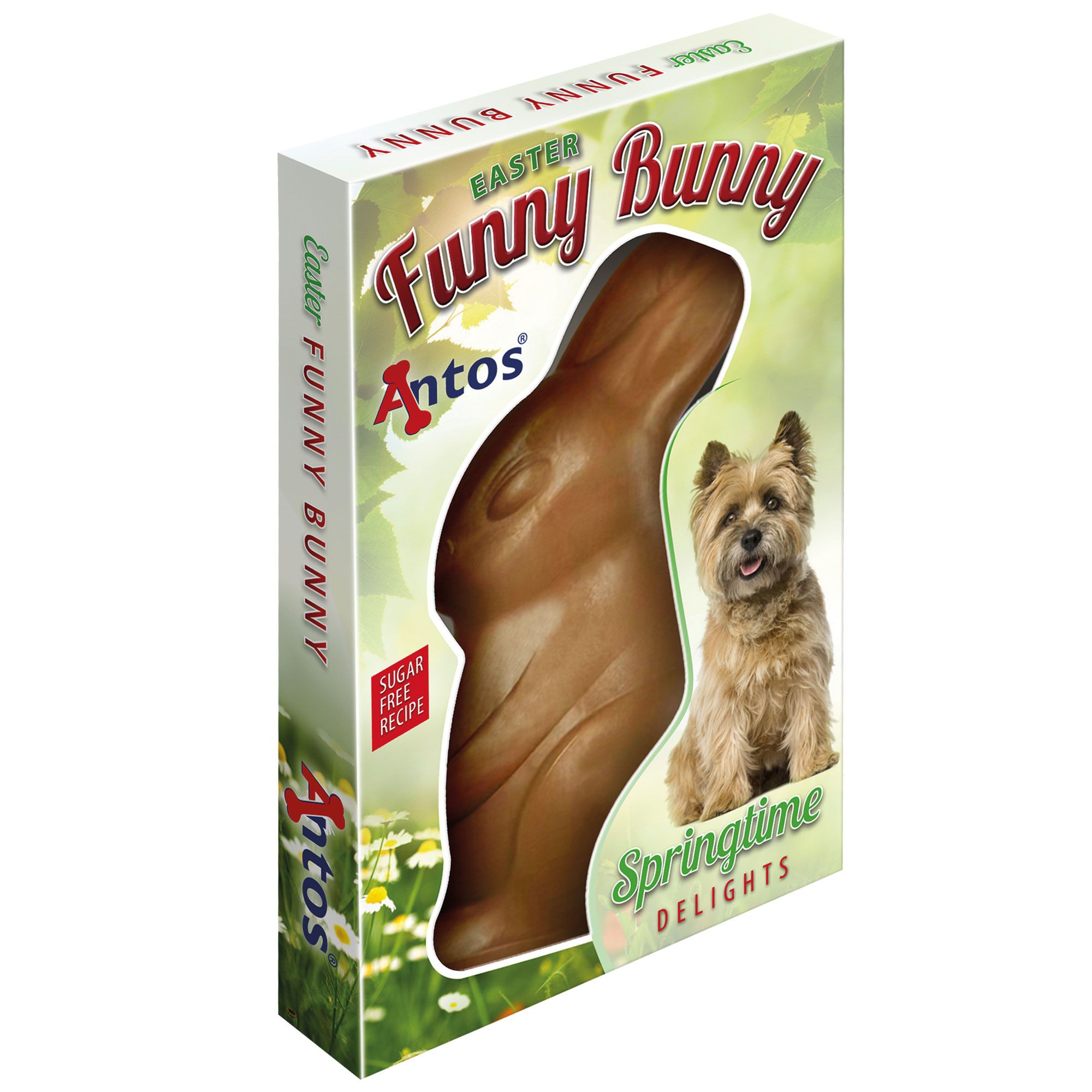 Verpackung mit braunem Osterhasen-Kausnack. Aufschrift "Easter Funny Bunny" und "Antos". Ein Hund ist abgebildet.