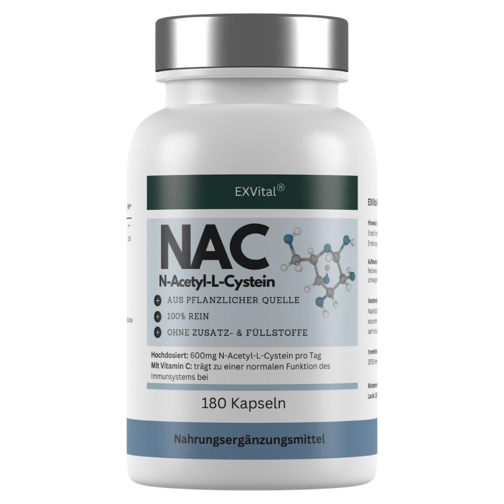 Weiße Flasche mit silbernem Deckel. Aufschrift: EXVital NAC, N-Acetyl-L-Cystein, 180 Kapseln. Nahrungsergänzungsmittel.