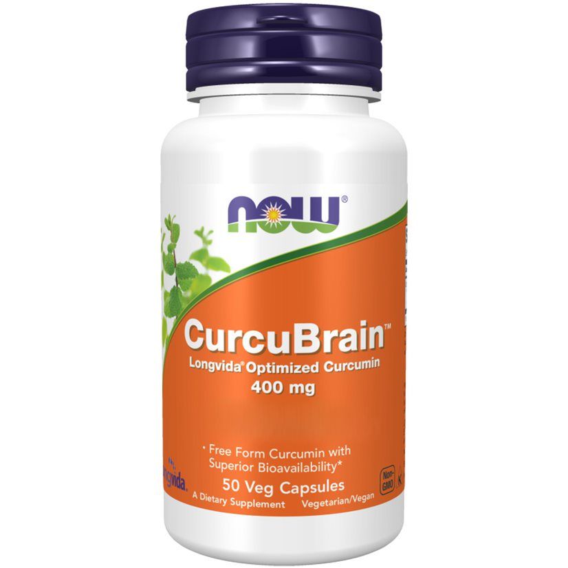 Weiße Flasche mit blauem Deckel. Aufschrift: Now, CurcuBrain, 400 mg. 50 Veg-Kapseln. Grün-orangefarbener Aufkleber.