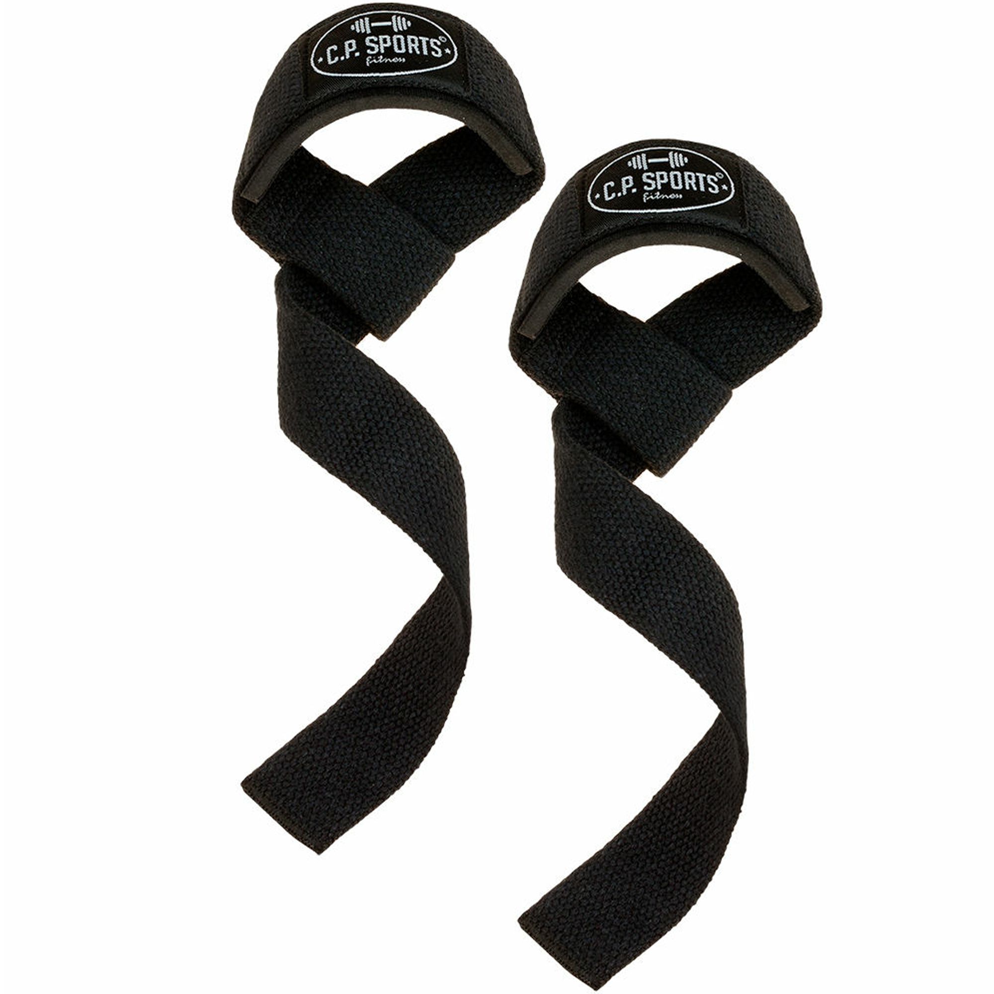 Zwei schwarze Zughilfen Klassik mit Logo 'C.P. Sports'. Schlaufenform, für Krafttraining und Fitness. Aus Baumwolle.