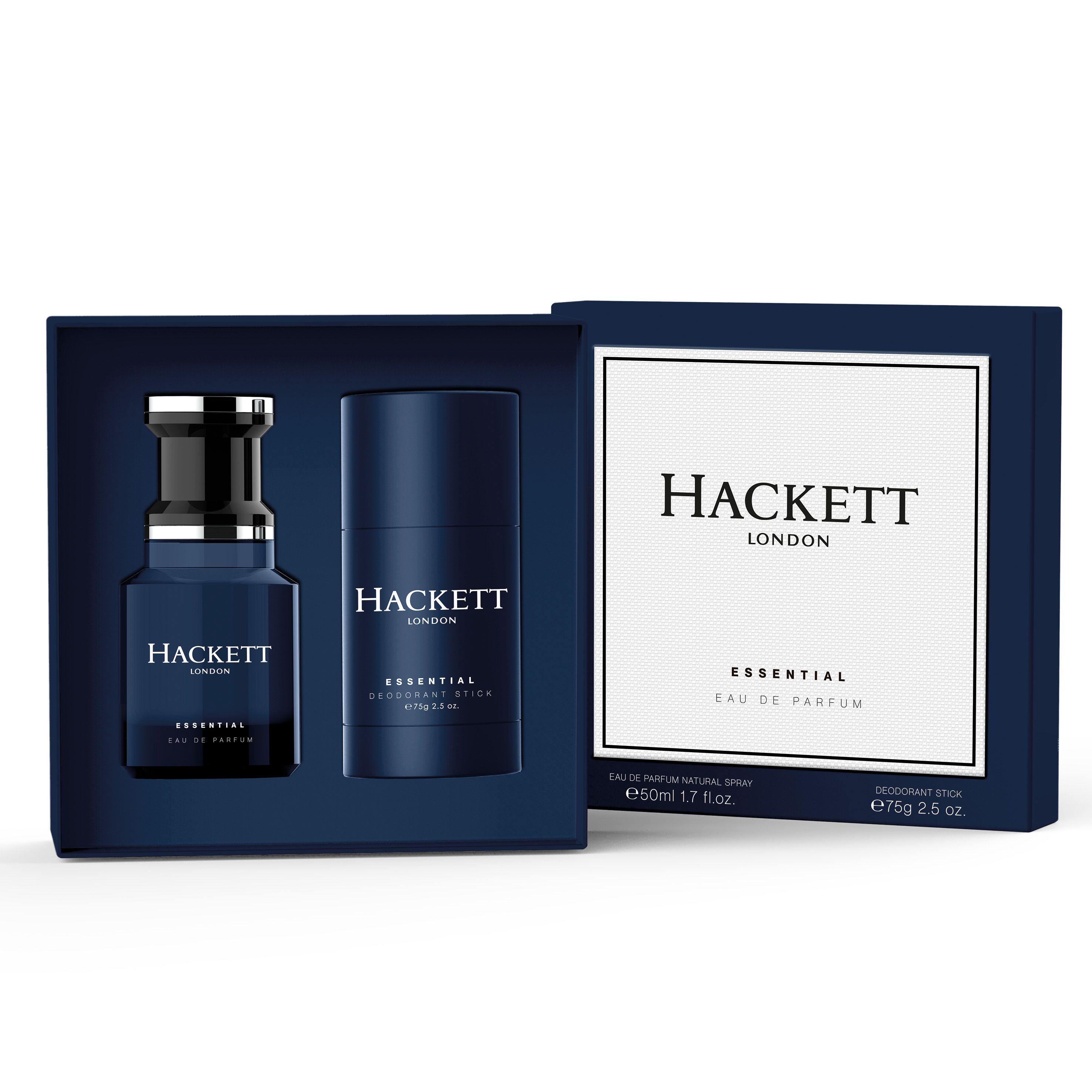 Hackett Essential Geschenkset in blauer Box. Enthält Eau de Parfum und Deostick. Aufschrift: Hackett London, Essential. Weiße Schrift.