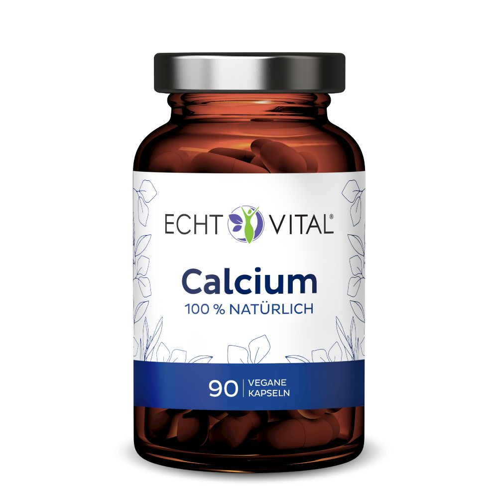 Braune Glasflasche mit Kapseln. Aufschrift: Echt Vital Calcium, 100% natürlich, 90 Kapseln. Vegan.