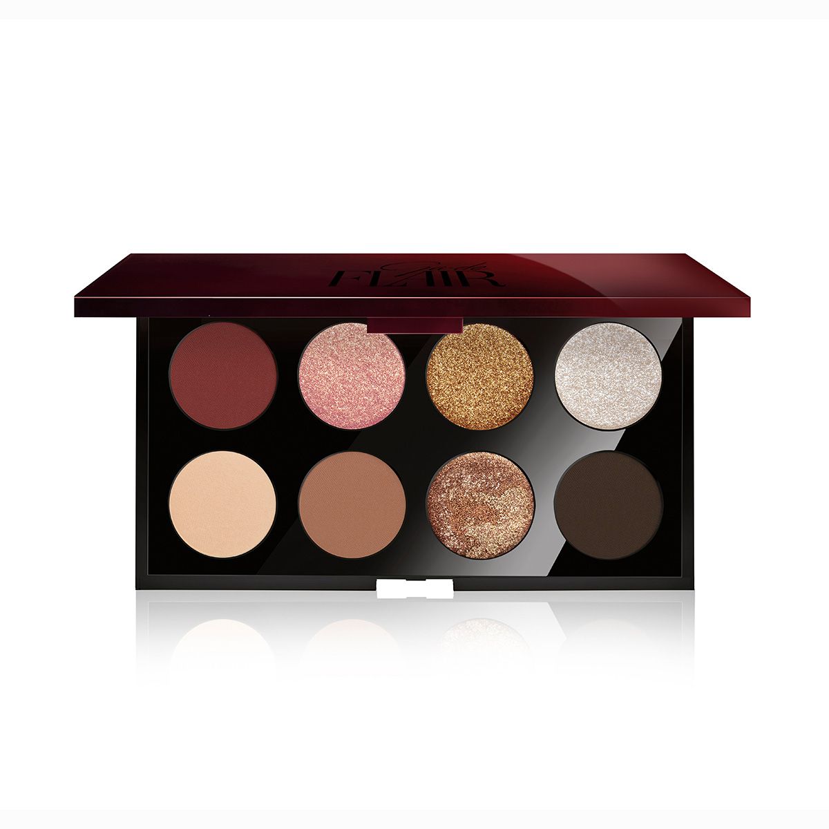 Ga-De Flair Lidschatten-Palette. Schwarze Palette mit acht runden Lidschatten in verschiedenen Farben. Deckel in Burgunderrot.