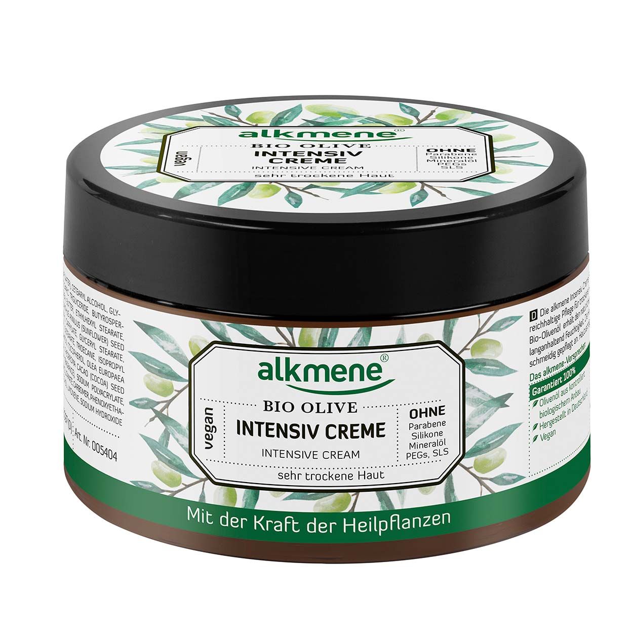 Runde Dose Alkmene Intensiv Creme Bio Olive. Schwarzer Deckel, brauner Behälter. Etikett mit Produktinformationen und Olivenzweigen.