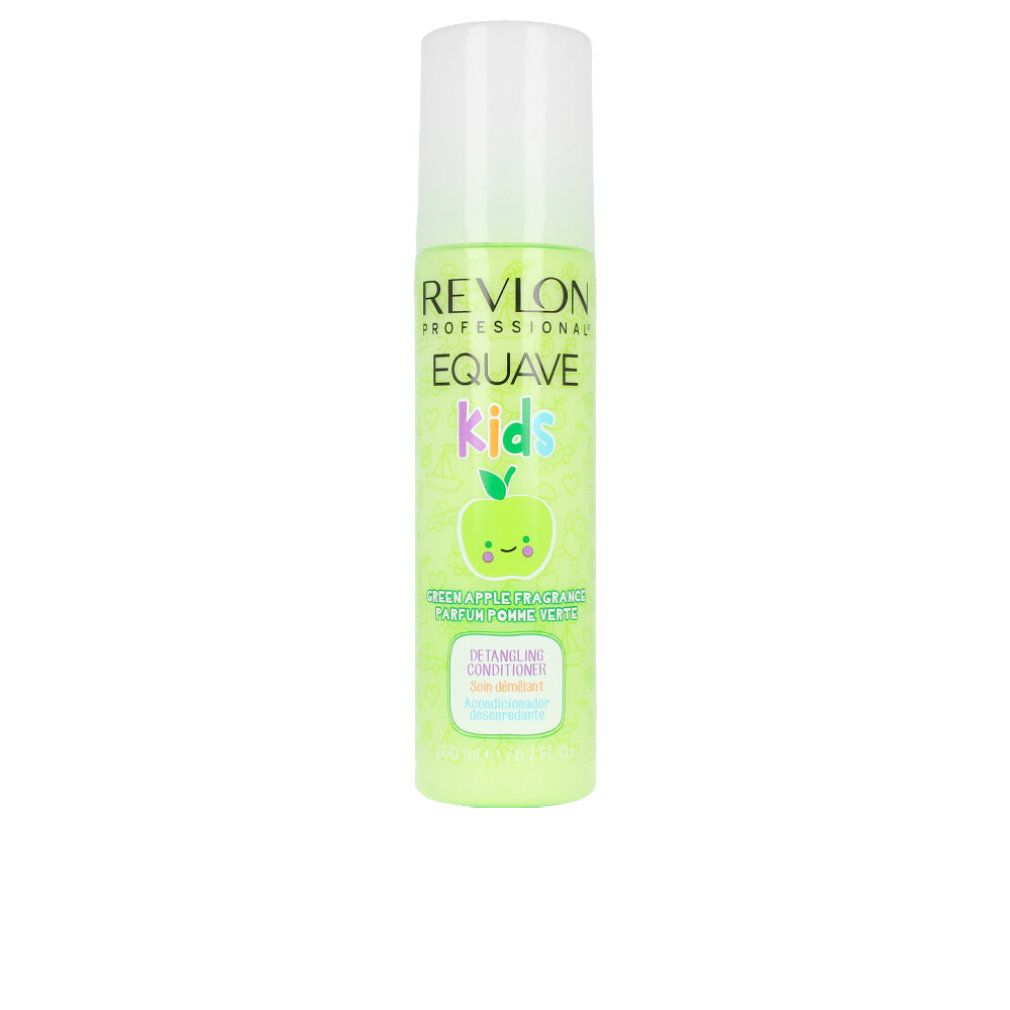 Grüne Flasche mit weißem Deckel. Aufschrift: Revlon Equave Kids, Apfel-Duft, Detangling Conditioner.