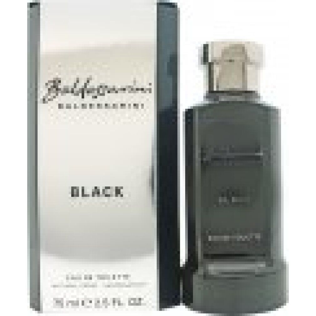 Schwarze Flasche und Verpackung. Aufschrift: Baldessarini Black. Silberner Deckel.