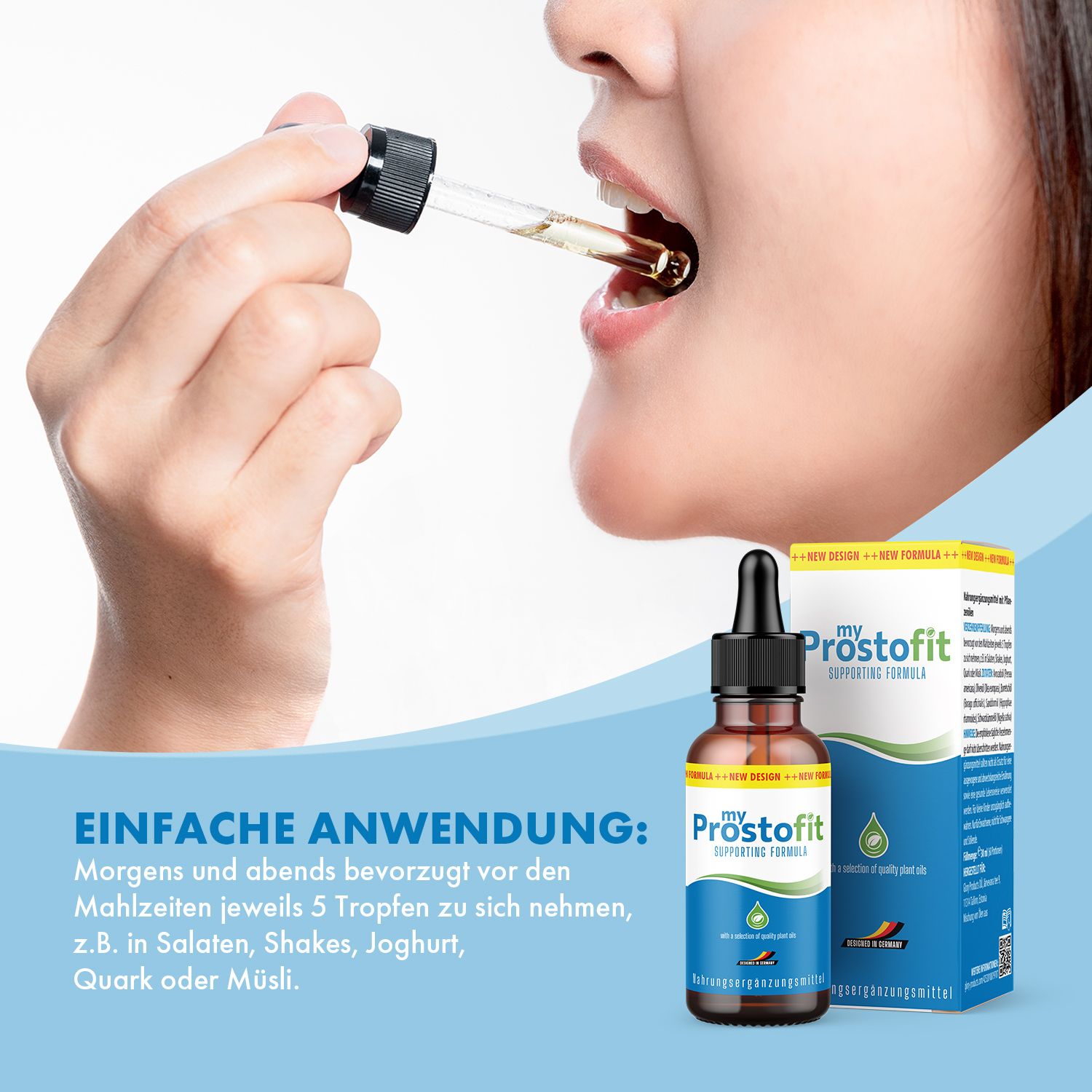Person nimmt Tropfen aus brauner Flasche mit schwarzem Tropfer in den Mund. Flasche und Verpackung mit Aufschrift my Prostofit.