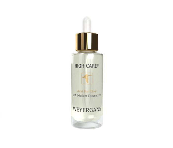 Glasflasche mit goldfarbenem Deckel und Pipette. Aufschrift: HIGH CARE, Acid Peel Elixir, WEYERGANS.