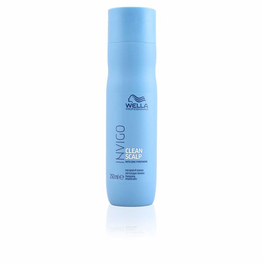 Hellblaue Shampoo-Flasche mit INVIGO, CLEAN SCALP und Wella-Logo. Enthält Zink-Pyrithion. Anti-Schuppen-Shampoo. 250ml.