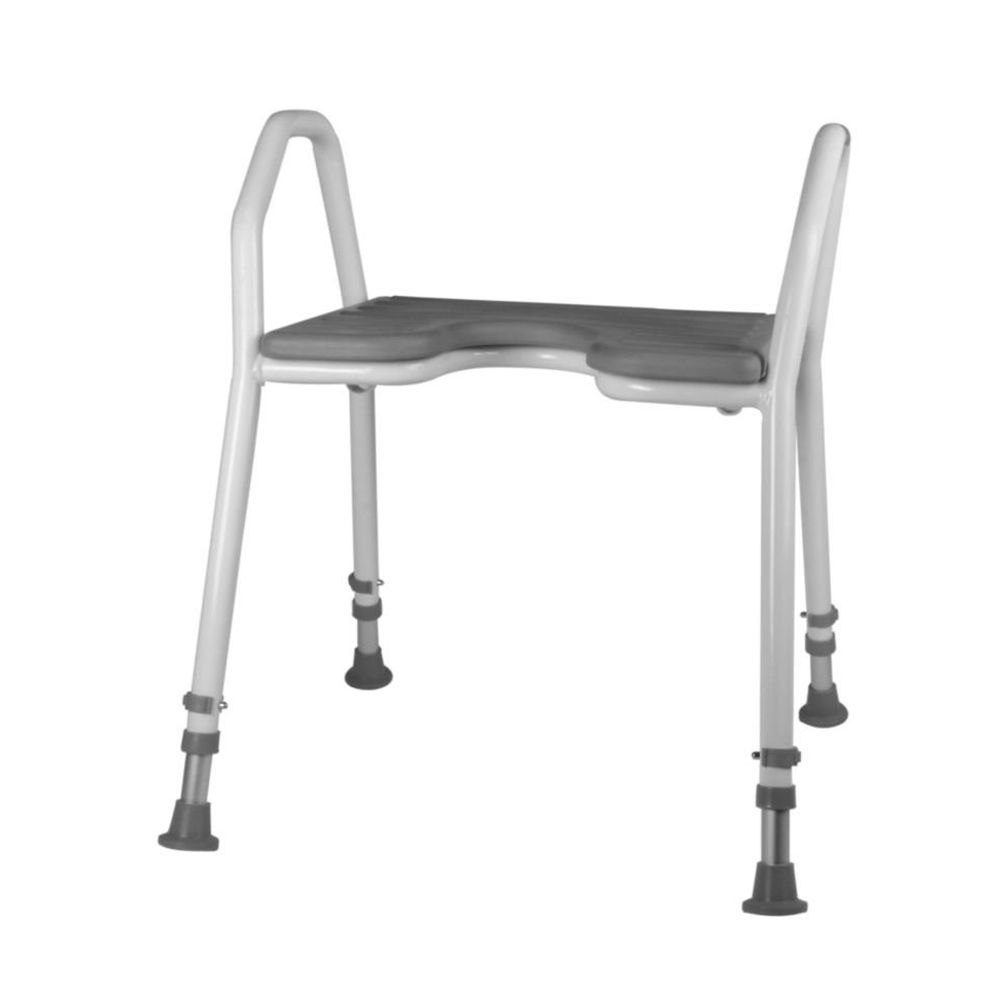 Duschhocker mit grauem Sitz und weißem Gestell. Mit Armlehnen und höhenverstellbaren Beinen.