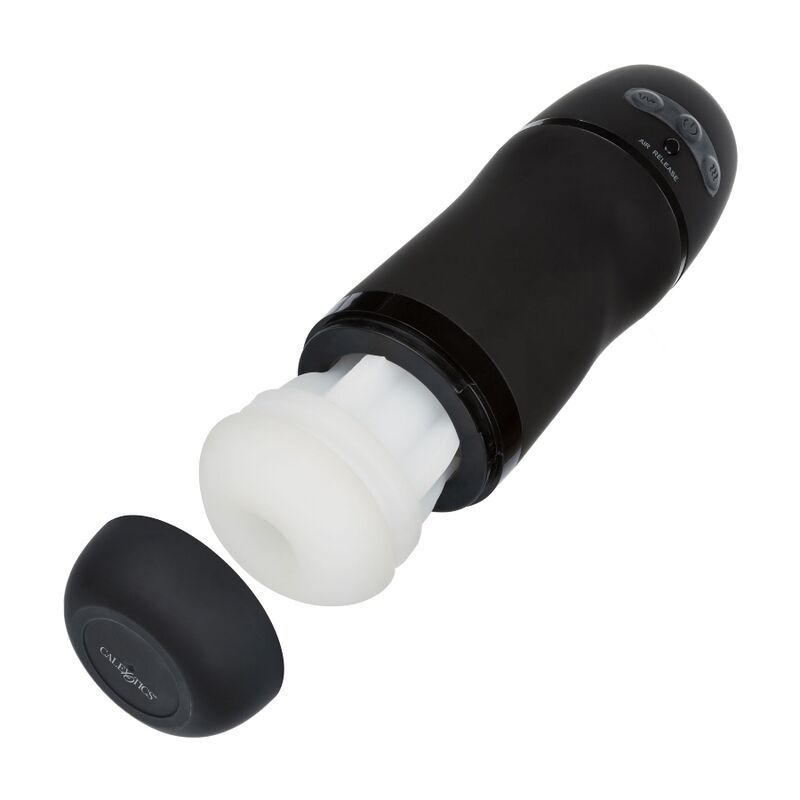 Schwarzer, ergonomisch geformter Vibrator mit abnehmbarer Hülle und texturiertem weißem Innenteil.