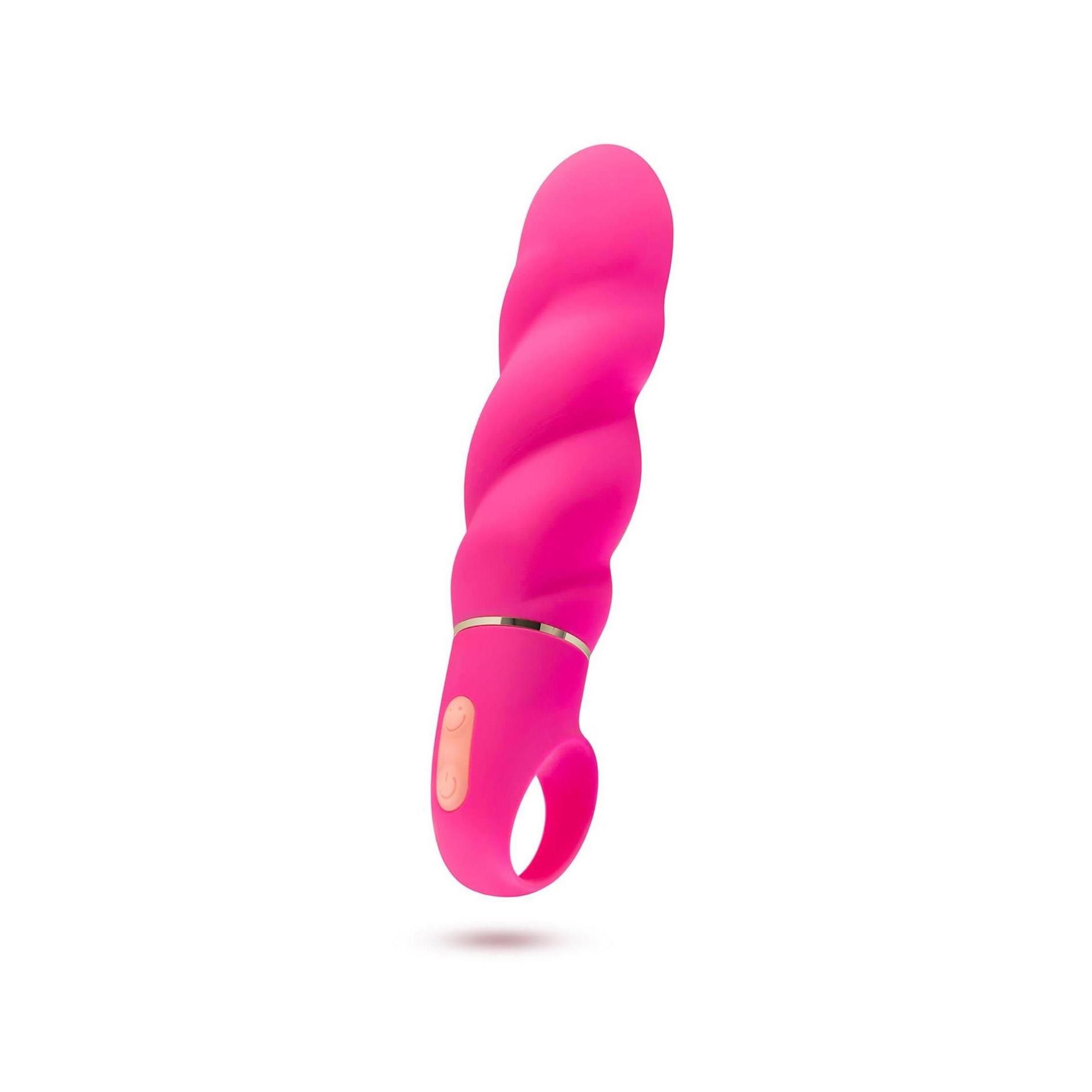 Pinkfarbenes Wellness-Produkt mit geriffelter Oberfläche und Ring. Goldfarbene Akzente. Auf weißem Hintergrund.