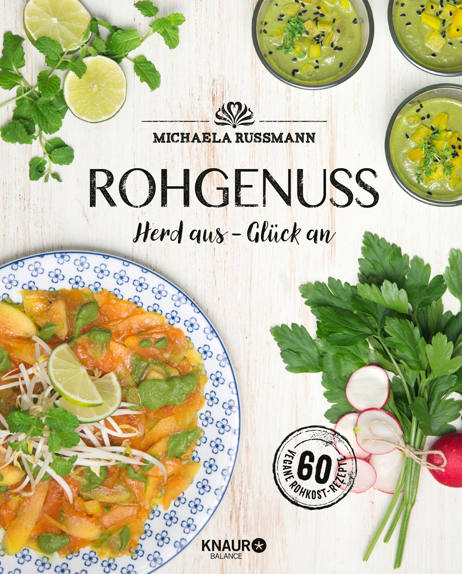 Buchcover von Rohgenuss. Titel und Autor sind sichtbar. Auf dem Teller ist ein Gericht mit Limette und Sprossen. Daneben Schalen mit Suppe.