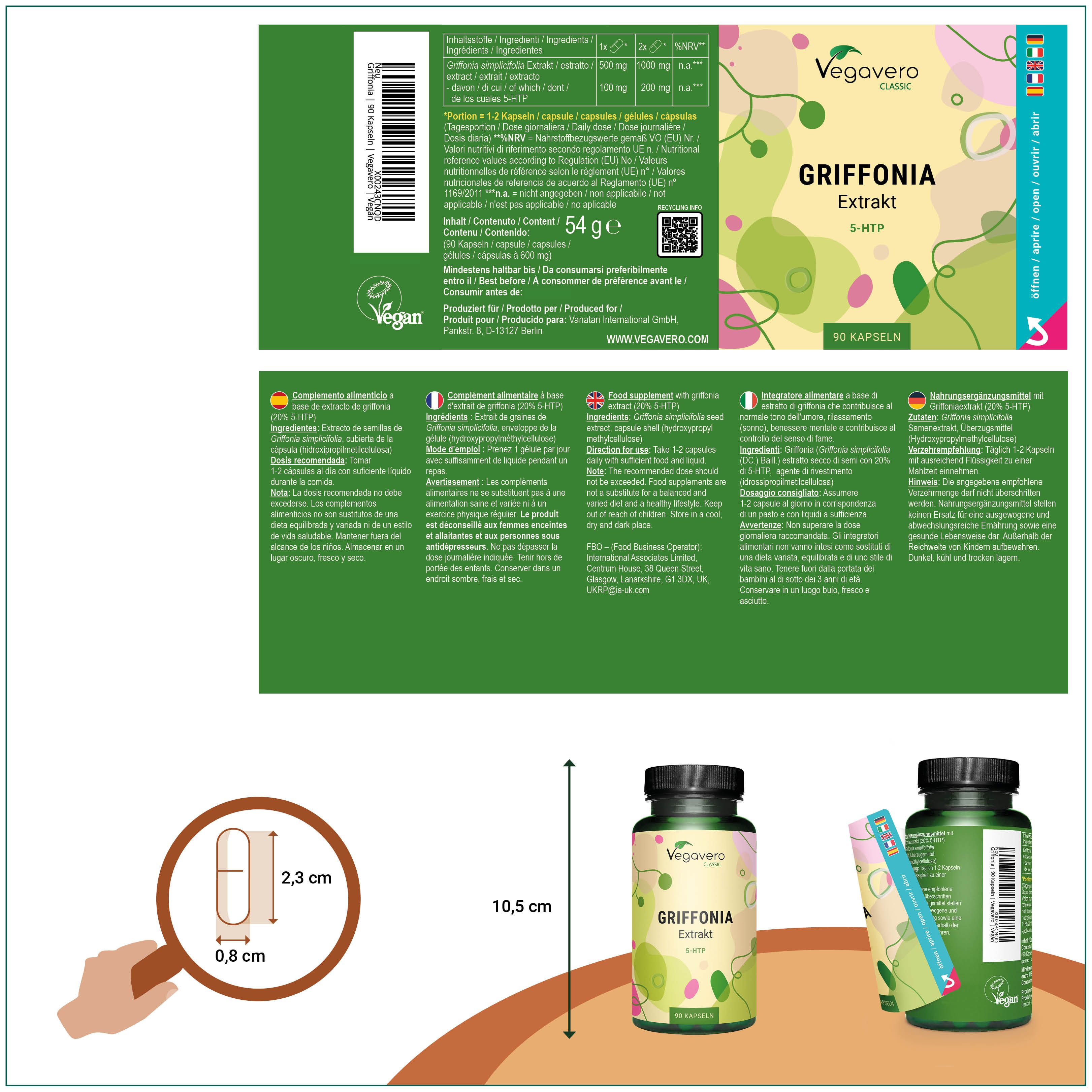 Produktverpackung mit Informationen. Flasche mit Griffonia Extrakt. Kapsel-Abmessungen: 2,3 cm x 0,8 cm. Höhe der Flasche: 10,5 cm.