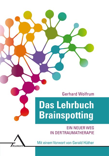 Buchcover mit Titel "Das Lehrbuch Brainspotting". Autor: Gerhard Wolfrum. Verlag: Asanger. Farbiges neuronales Netzwerk-Design.