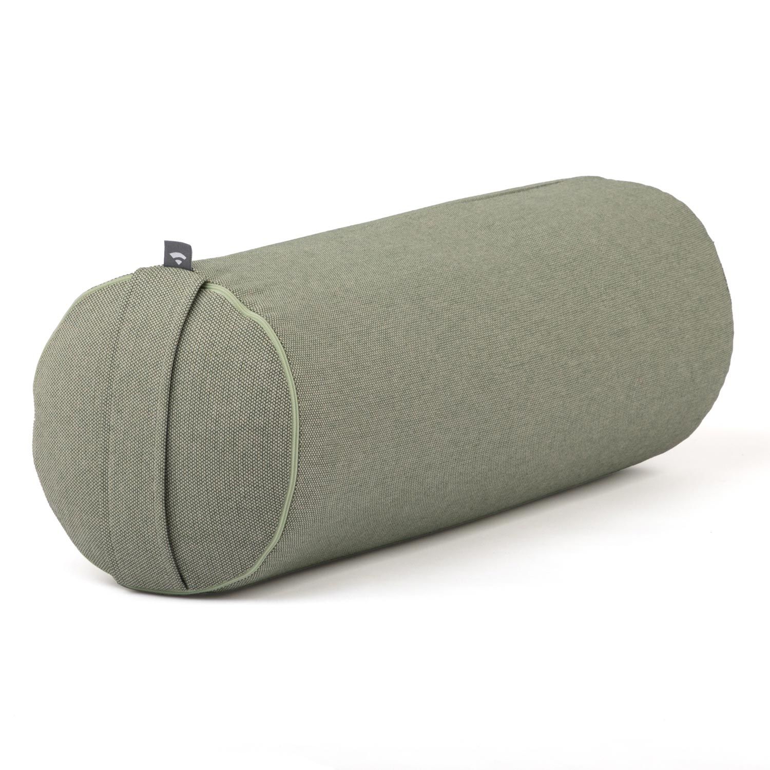 Yoga-Bolster, hellgrüner Stoff, zylindrisch, abgerundete Enden. Logo, Reißverschluss.
