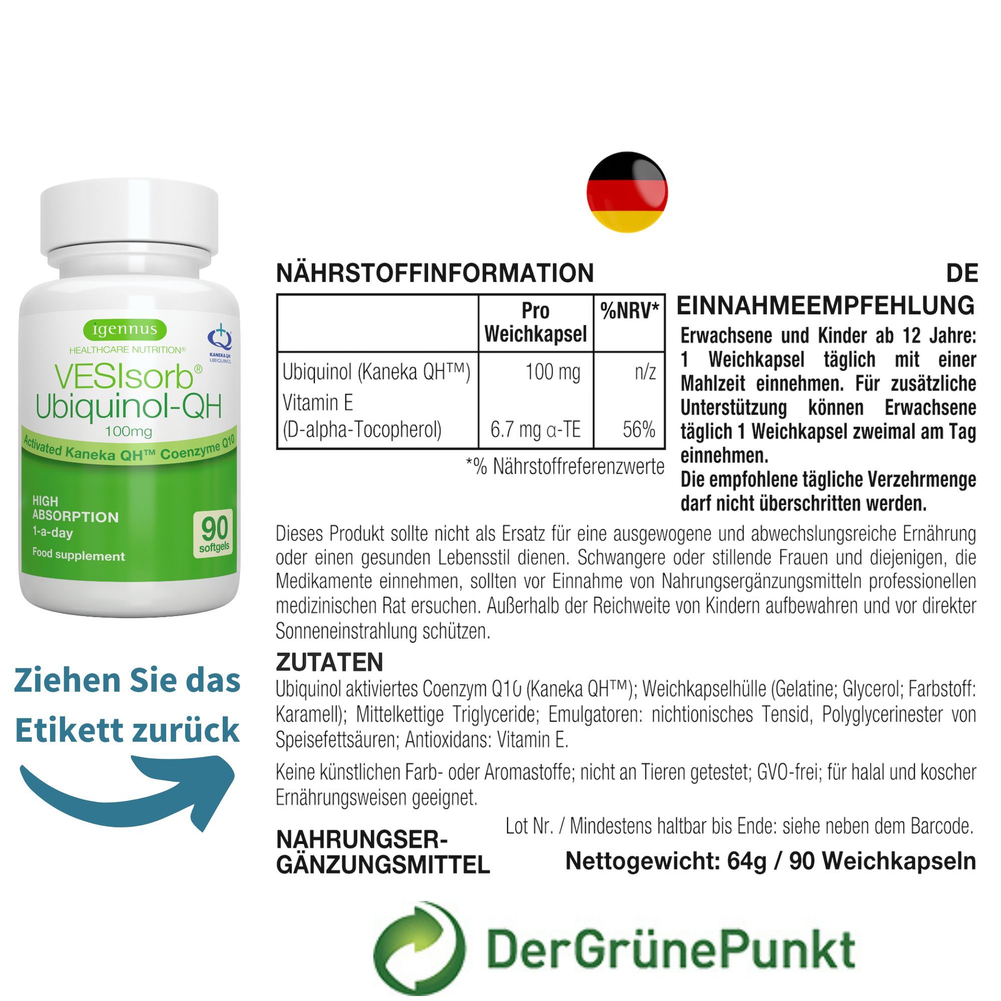 Rückseite einer Flasche Ubichinol-QH mit Nährwertangaben und Einnahmeempfehlung.