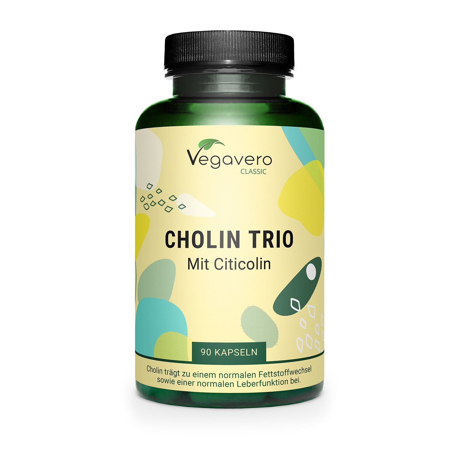 Grüne Flasche mit Kapseln. Aufschrift: Cholin Trio Mit Citicolin. 90 Kapseln. Vegavaro Classic Logo.