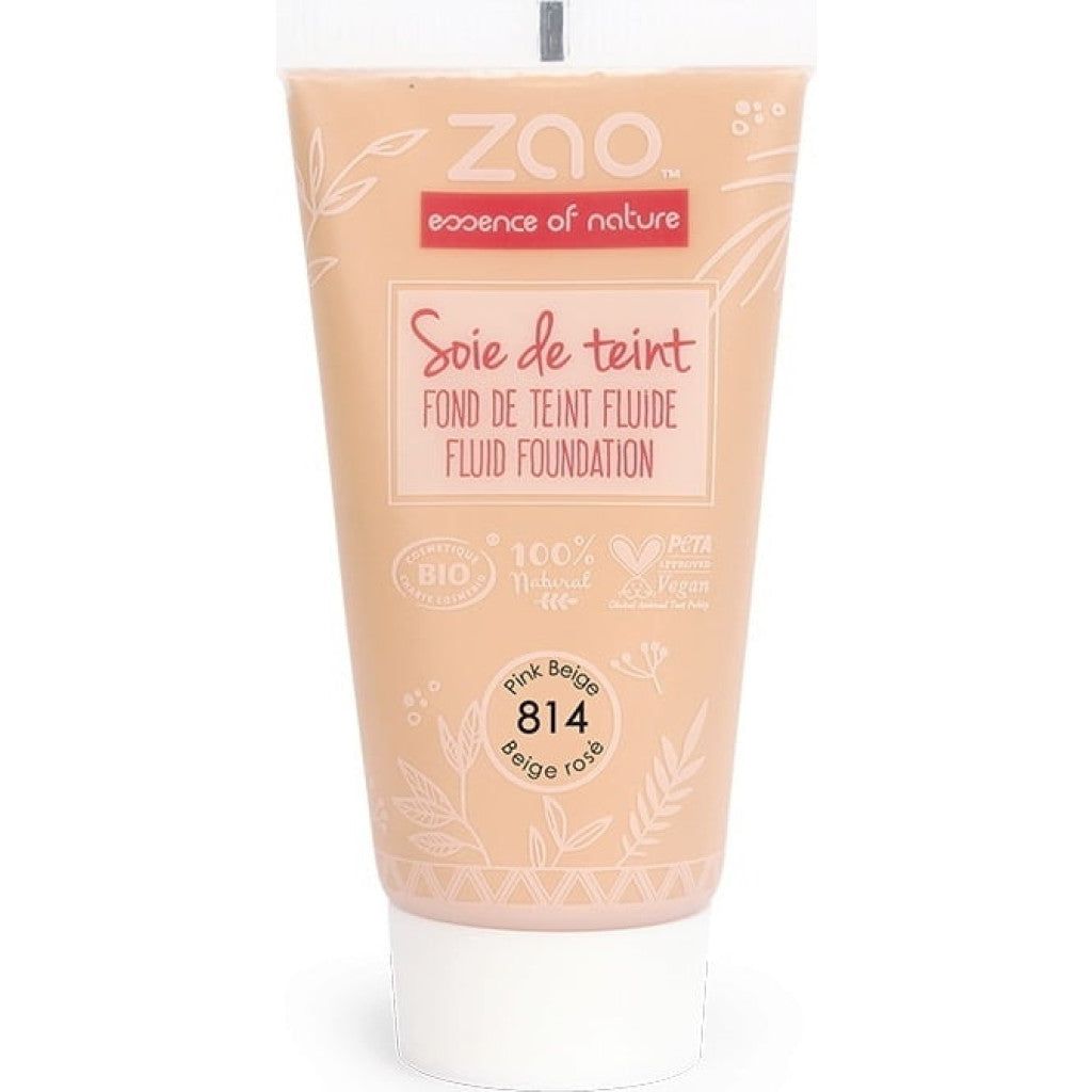 Tube Foundation. Aufschrift: ZAO, Soie de teint, Fluid Foundation. Farbton: Pink Beige 814. Mit Bio-Siegel.