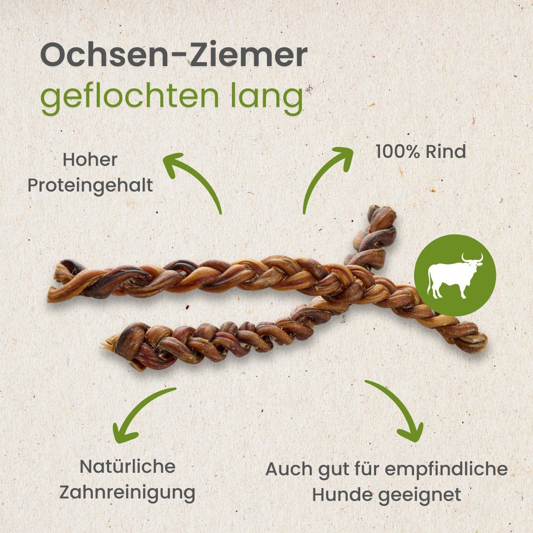 Geflochtene Rinderdarm-Kauartikel, 100% Rind, gut für Zähne und empfindliche Hunde.
