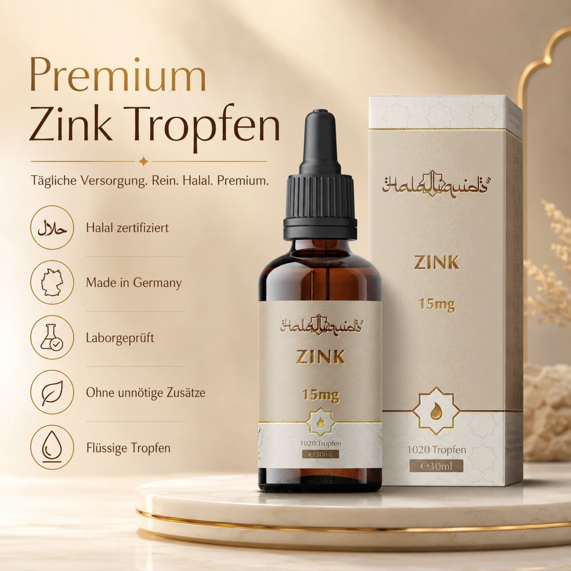Premium Zink Tropfen: Braune Glasflasche mit Pipette, 15mg Zink, 30ml. Beigefarbene Faltschachtel.