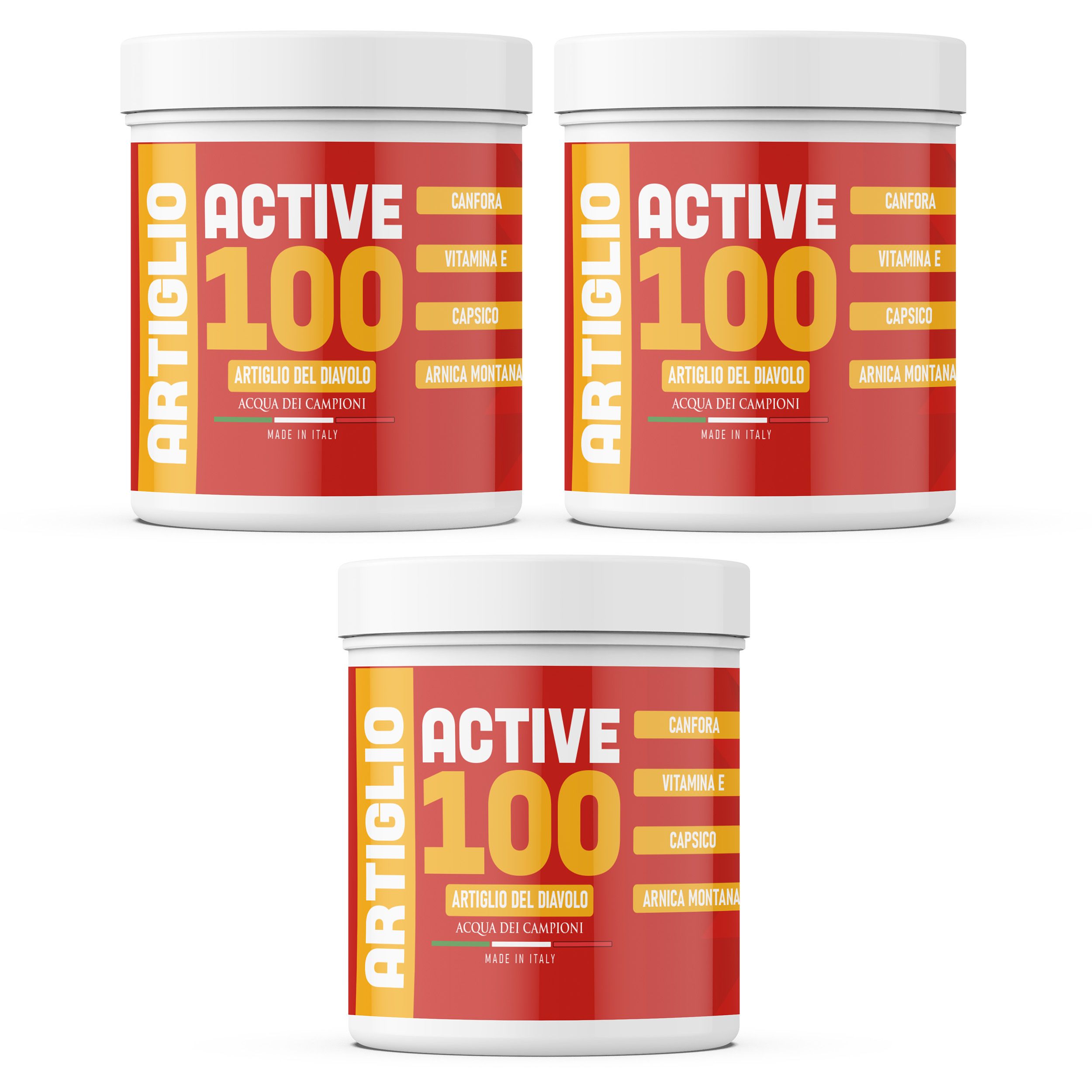 Drei weiße Behälter mit rotem Etikett. Aufschrift ACTIVE 100, ARTIGLIO. Enthält Camphor, Vitamin E, Capsico, Arnica Montana. Hergestellt in Italien.