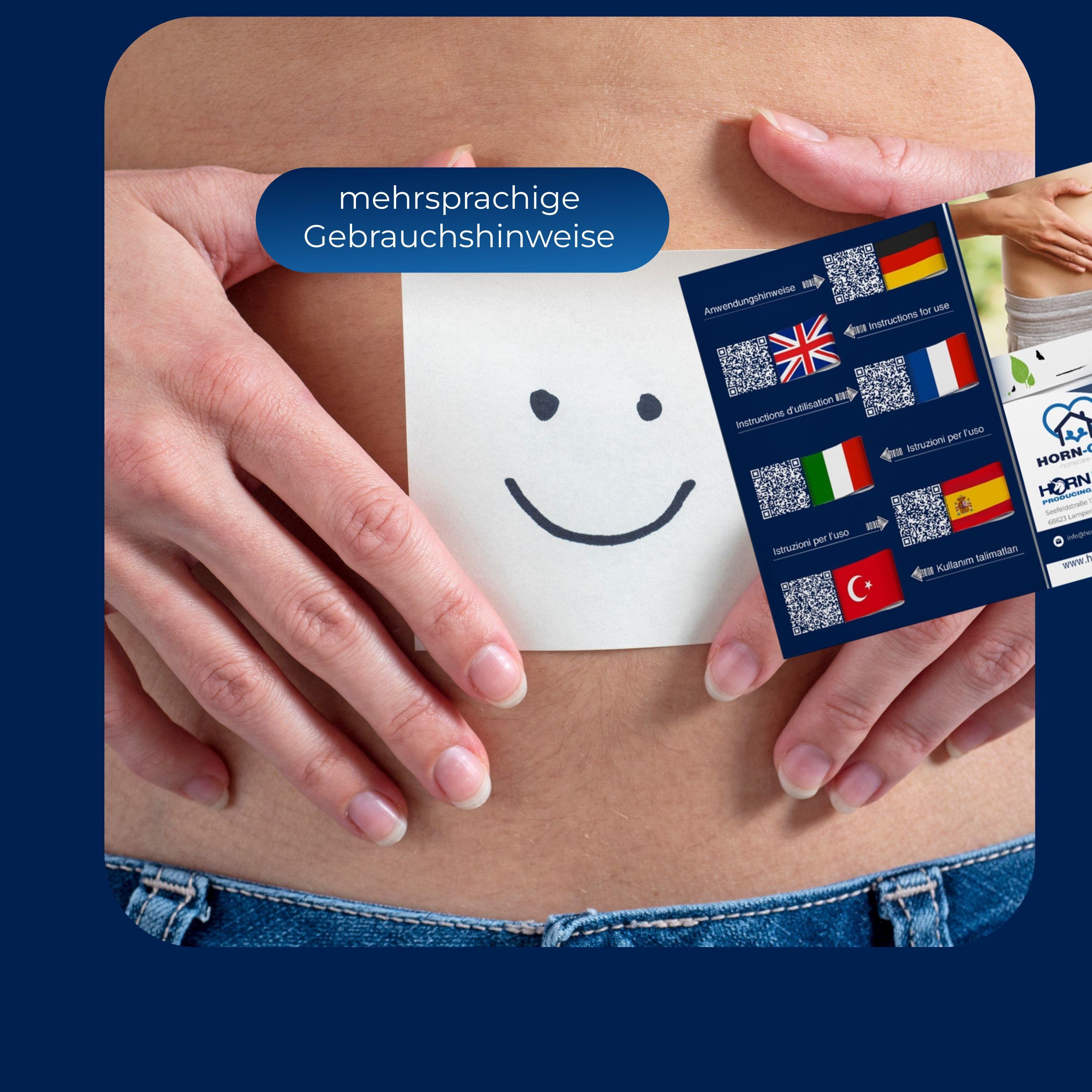 Bauch mit Smiley-Aufkleber. Mehrsprachige Gebrauchshinweise mit QR-Codes. Verschiedene Sprachen.