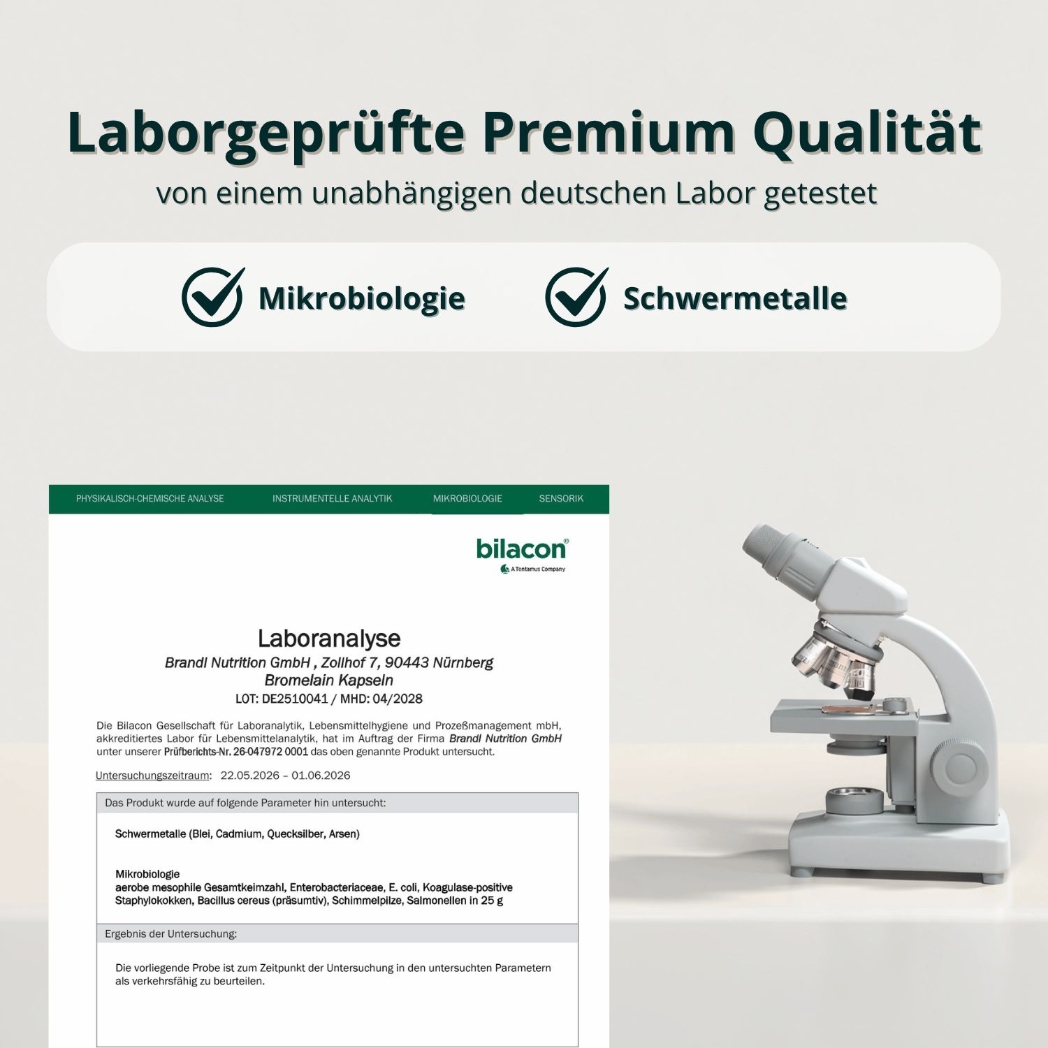 Laboranalyse-Zertifikat für Bromelain-Kapseln: Prüfung auf Mikrobiologie und Schwermetalle.