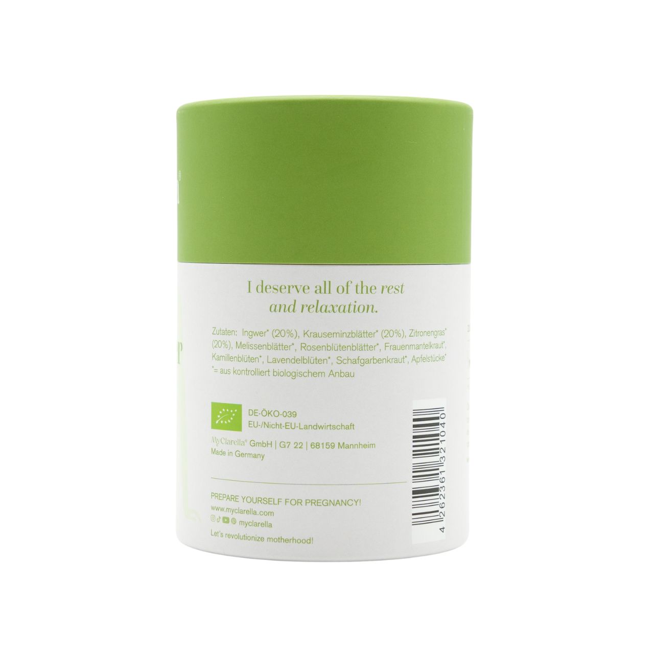 Zylindrische Dose mit grünem Deckel. Text: Inhaltsstoffe, Bio-Siegel, Herstellerinformationen. Aufschrift: "Prepare yourself for pregnancy!"