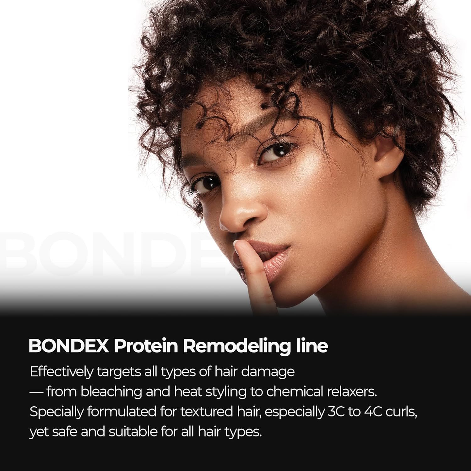 Frau mit lockigem Haar, Werbung für Dr. Melaxin Bondex Protein Remodeling.