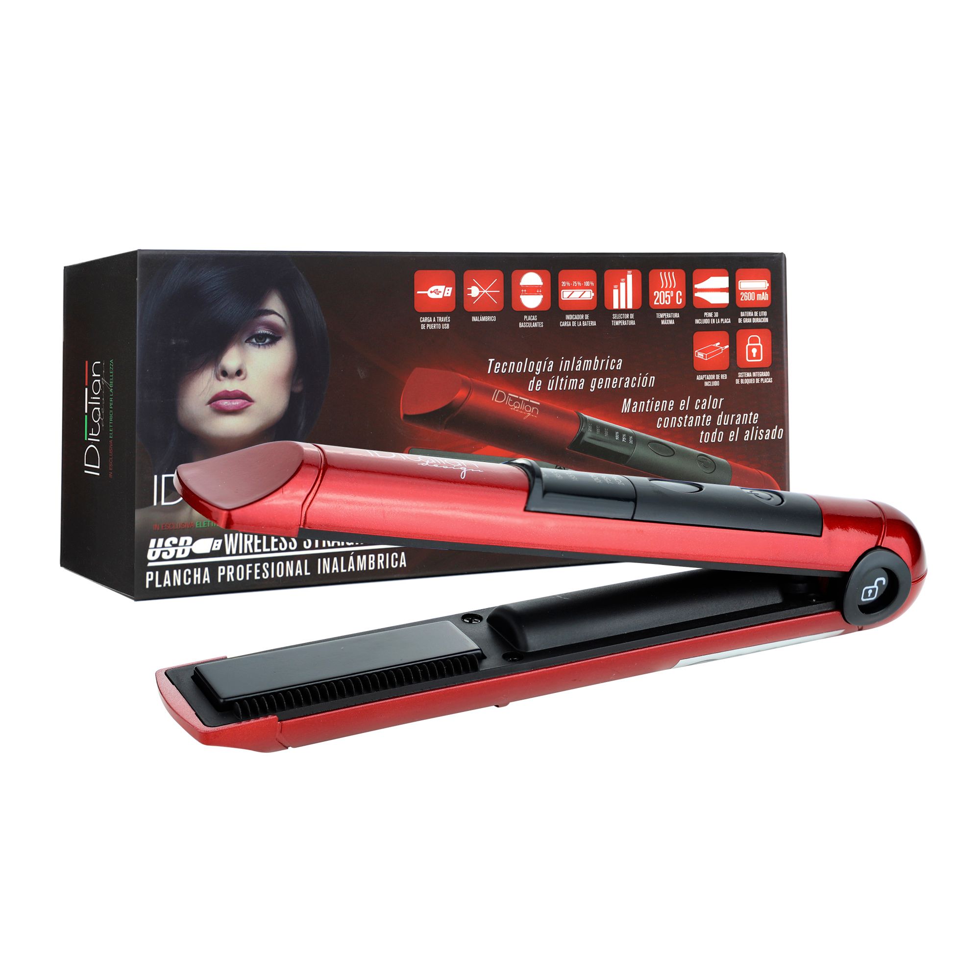 Roter, kabelloser Haarglätter mit USB-Aufladung, mit Verpackung.