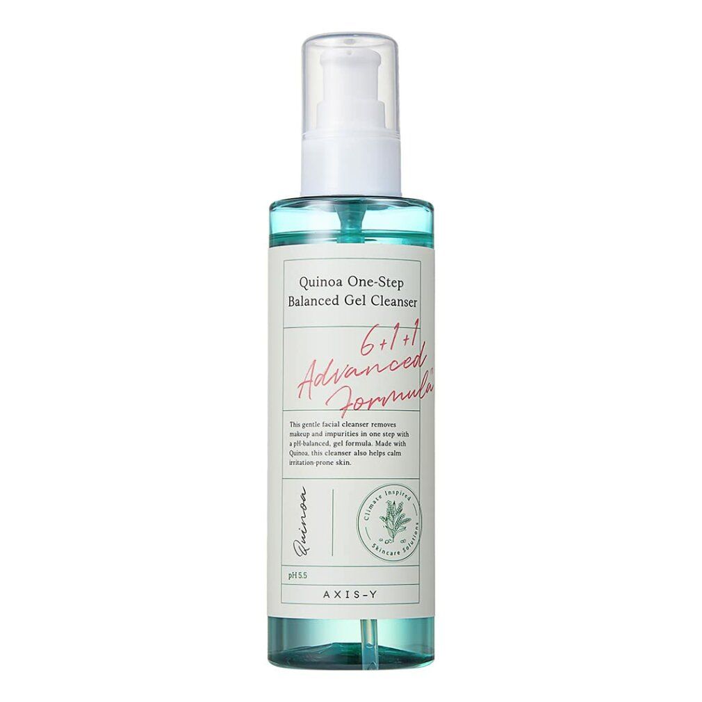 Transparente Flasche mit weißem Pumpkopf. Aufschrift: Quinoa One-Step Balanced Gel Cleanser, 6+1+1 Advanced Formula.