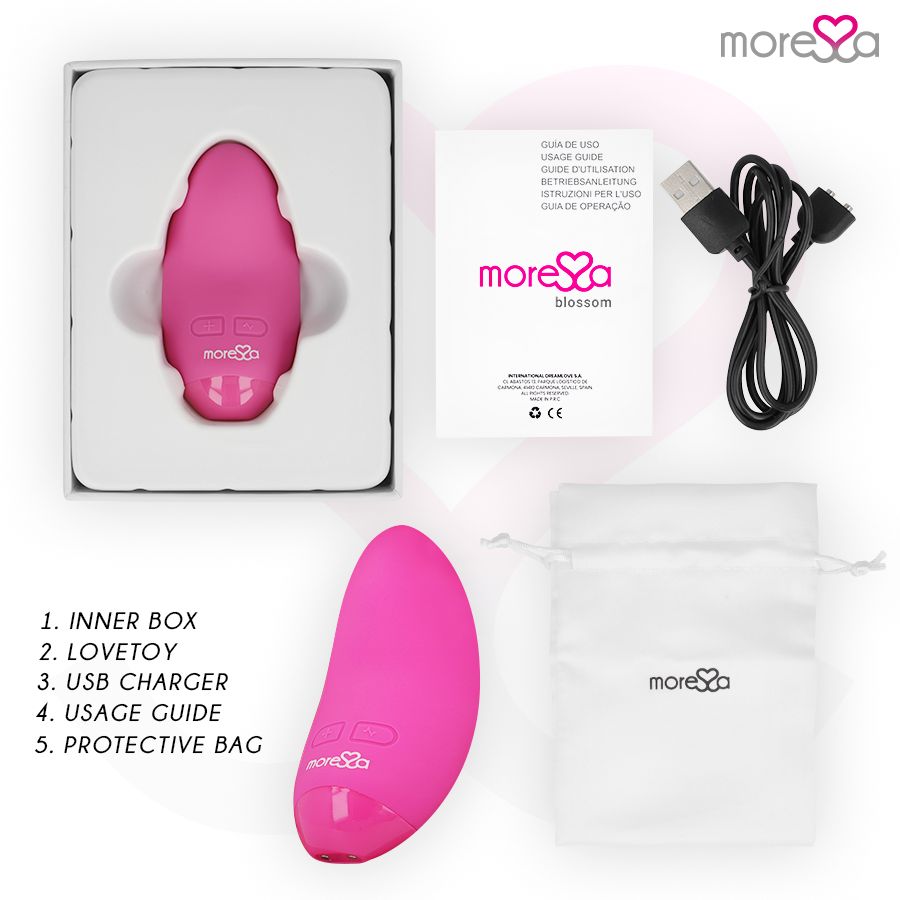 Produktverpackung mit Vibrator, Ladekabel, Beutel und Gebrauchsanweisung. Logo: moreSa.