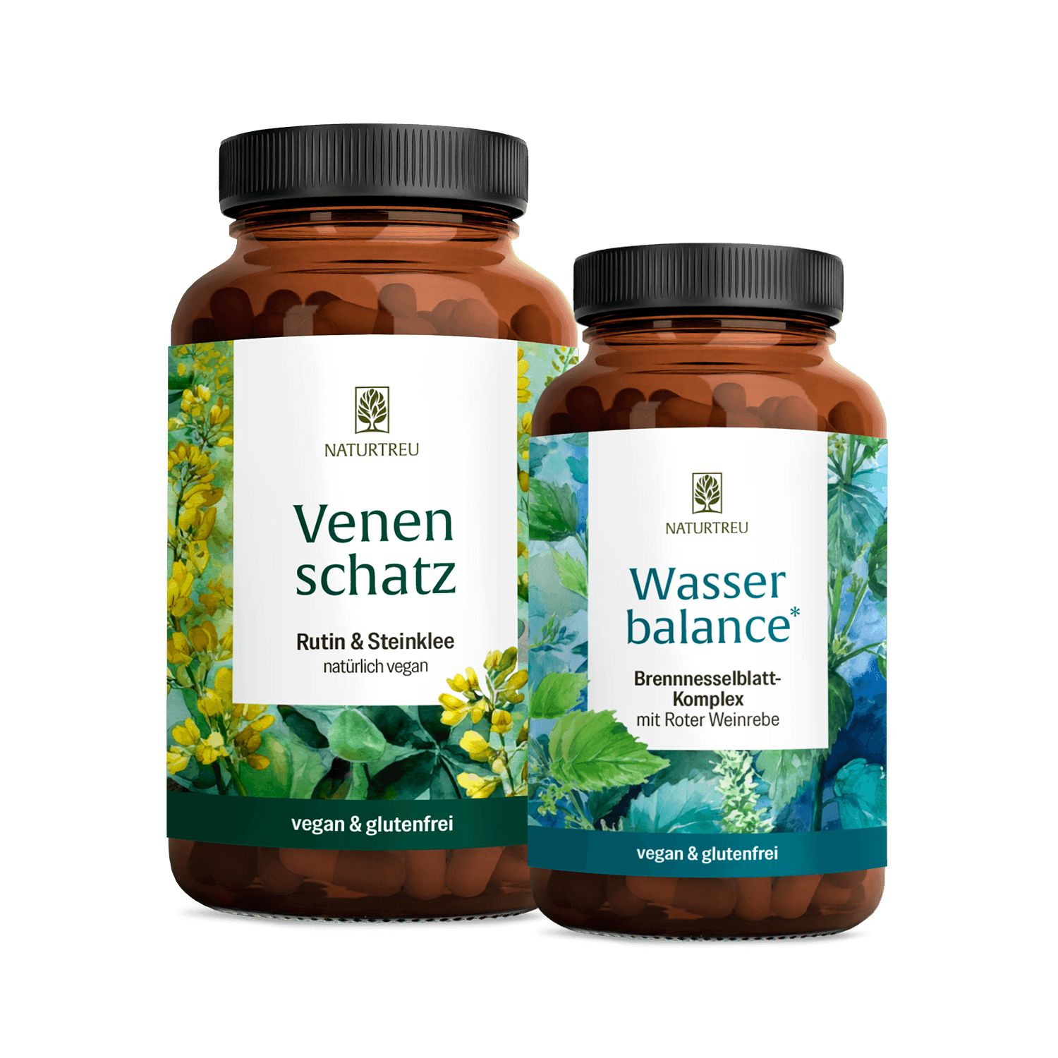 Zwei NATURTREU® Braunglasflaschen mit Etiketten: 'Venen schatz' und 'Wasser balance'.