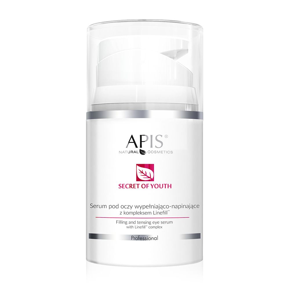 Weißes Augenserum-Fläschchen mit Pumpe und durchsichtigem Deckel. Aufschrift: APIS, SECRET OF YOUTH. Produktbezeichnung und weitere Informationen.