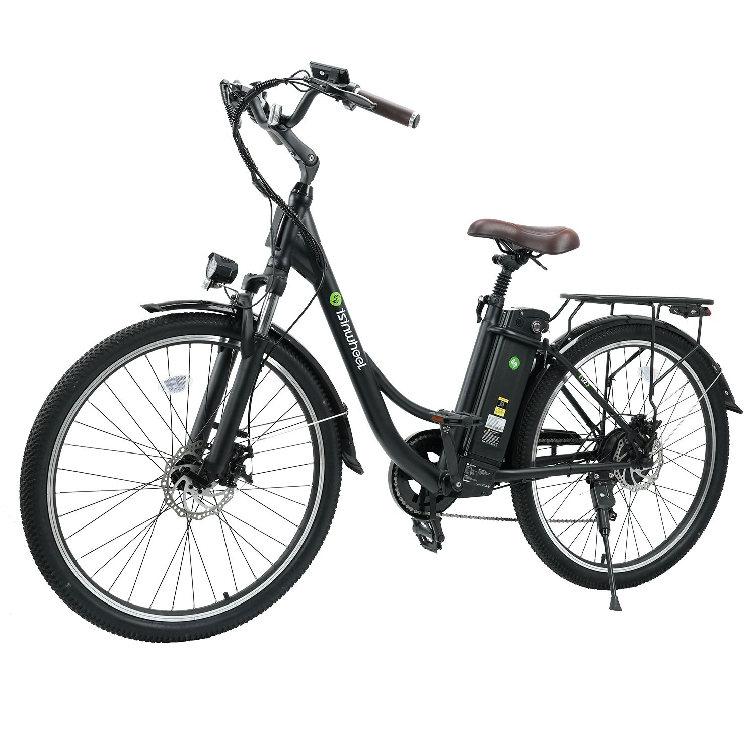 Schwarzes E-Bike. Zeigt Frontlicht, Gepäckträger, Sattel und abnehmbaren Akku. Marke Isinwheel.