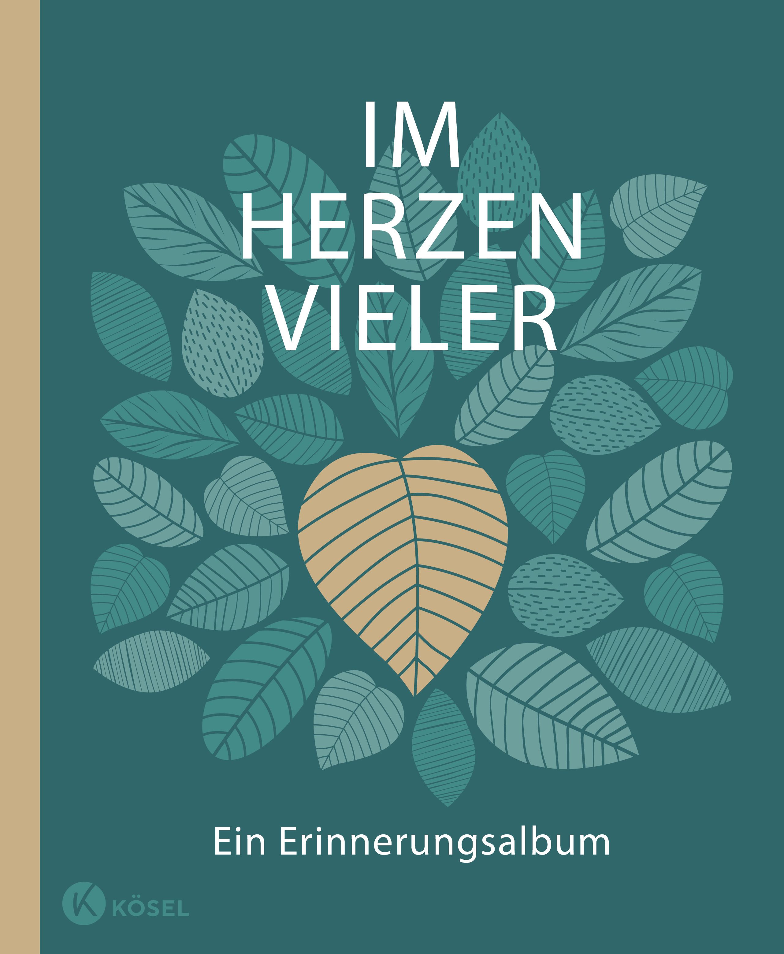 Buchcover mit Titel „Im Herzen Vieler“. Grün-beige Blätter-Illustration. Untertitel: Ein Erinnerungsalbum. Logo: Kösel.