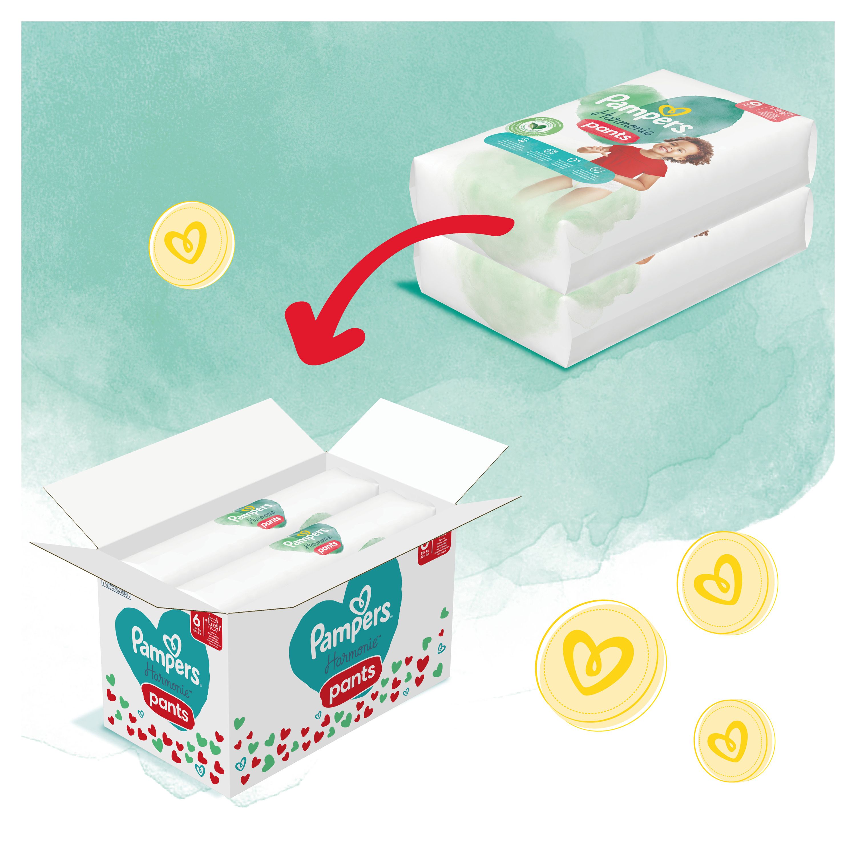 Pampers Harmonie Pants Packungen in einer Box. Geöffnete Box. Herz-Logo. Produktabbildung.