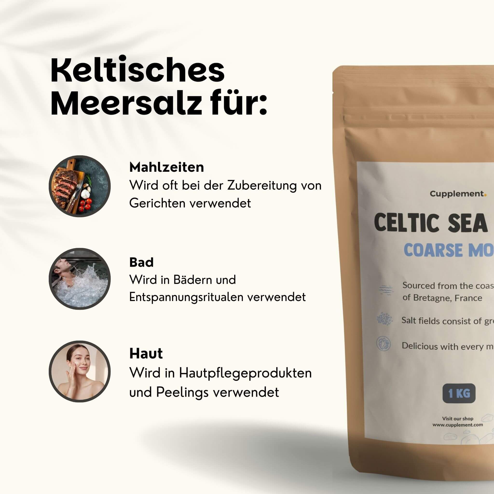 Beutel Keltisches Meersalz, 1 kg. Braune Verpackung mit weißem Etikett. Text: 'Hochwertiges keltisches Meersalz'.
