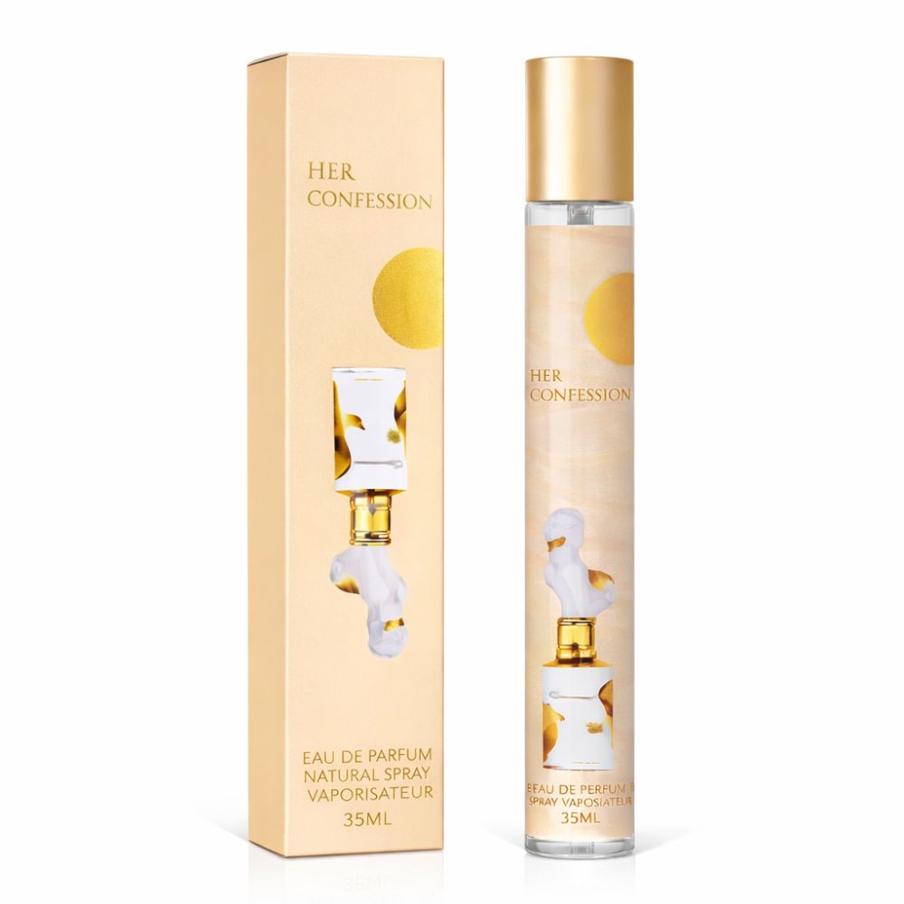 Parfümflakon und Verpackung. Aufschrift: Her Confession. Verpackung mit goldenem Objekt-Aufdruck. 35ml.