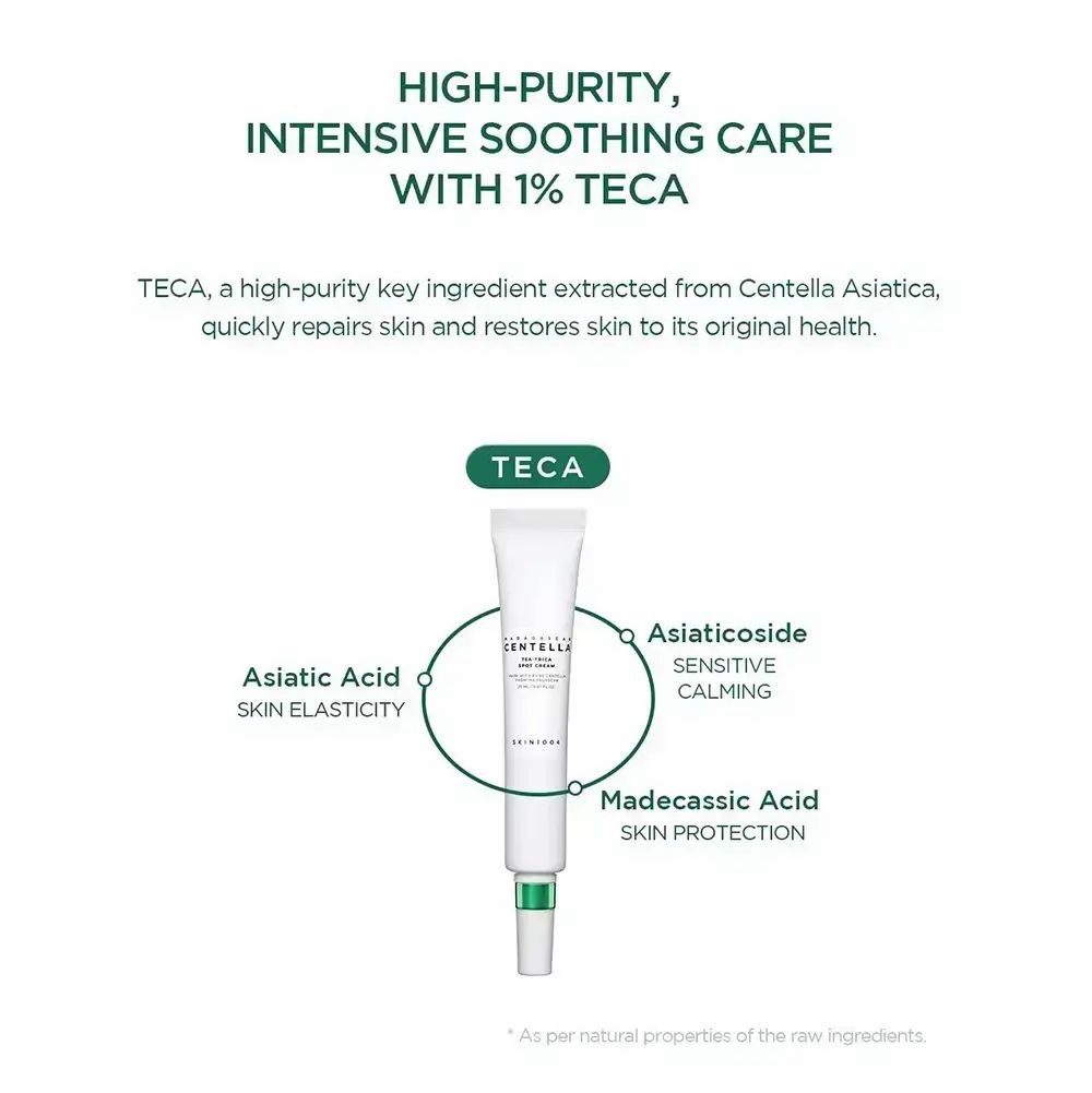 Produkt-Tube mit Text. Diagramm zeigt Inhaltsstoffe und deren Wirkung. Text: High-Purity, Intensive Soothing Care.