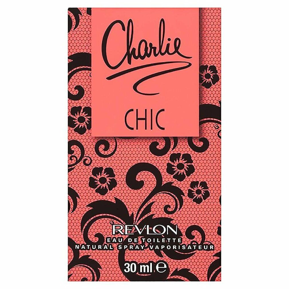 Verpackung von 'Charlie Chic' Eau de Toilette. Rosa Hintergrund mit schwarzem floralen Muster. 'Revlon' Logo.