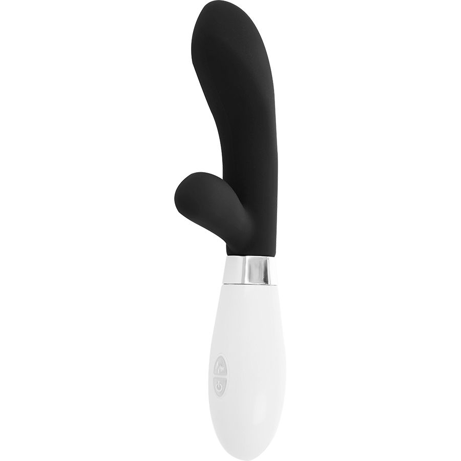 Schwarz-weißer Vibrator mit gebogener Form. Der obere Teil ist schwarz, der untere Teil weiß. Mit silberfarbenem Ring.