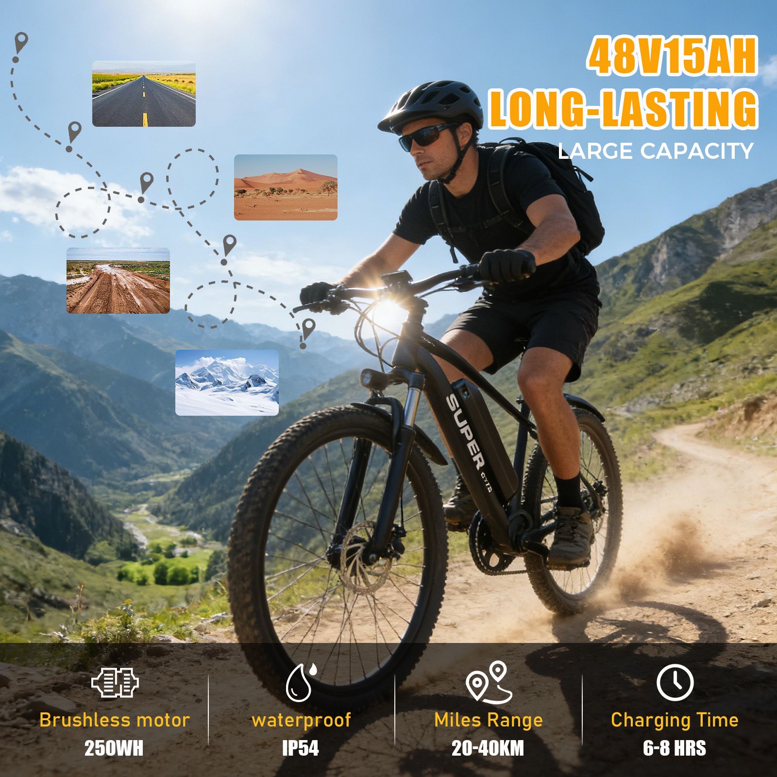 Schwarzes E-Bike mit Fahrer auf einem Bergpfad. Text: 48V15AH, 250W Motor, wasserdicht IP54, Reichweite 20-40KM, Ladezeit 6-8 Std.