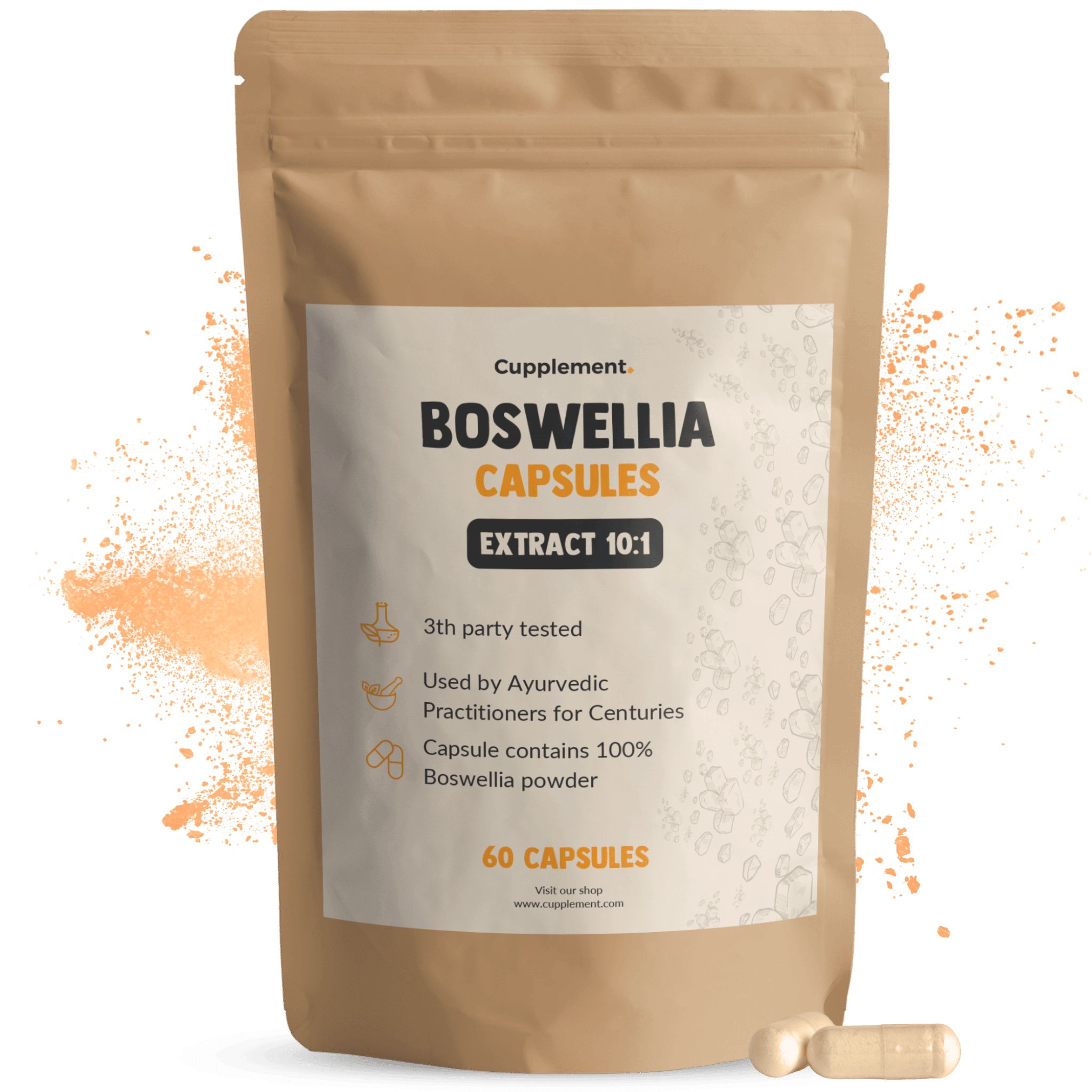Boswellia-Kapseln in einer braunen Tüte. Aufschrift: Boswellia Capsules, Extrakt 10:1, 60 Kapseln.