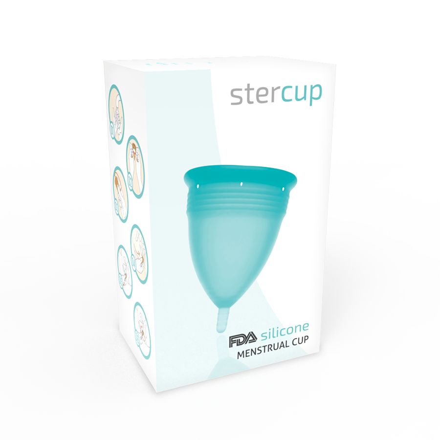 Verpackung mit Menstruationstasse. Weiße Schachtel mit 'stercup'-Schriftzug und Produktabbildung. FDA-Siegel.