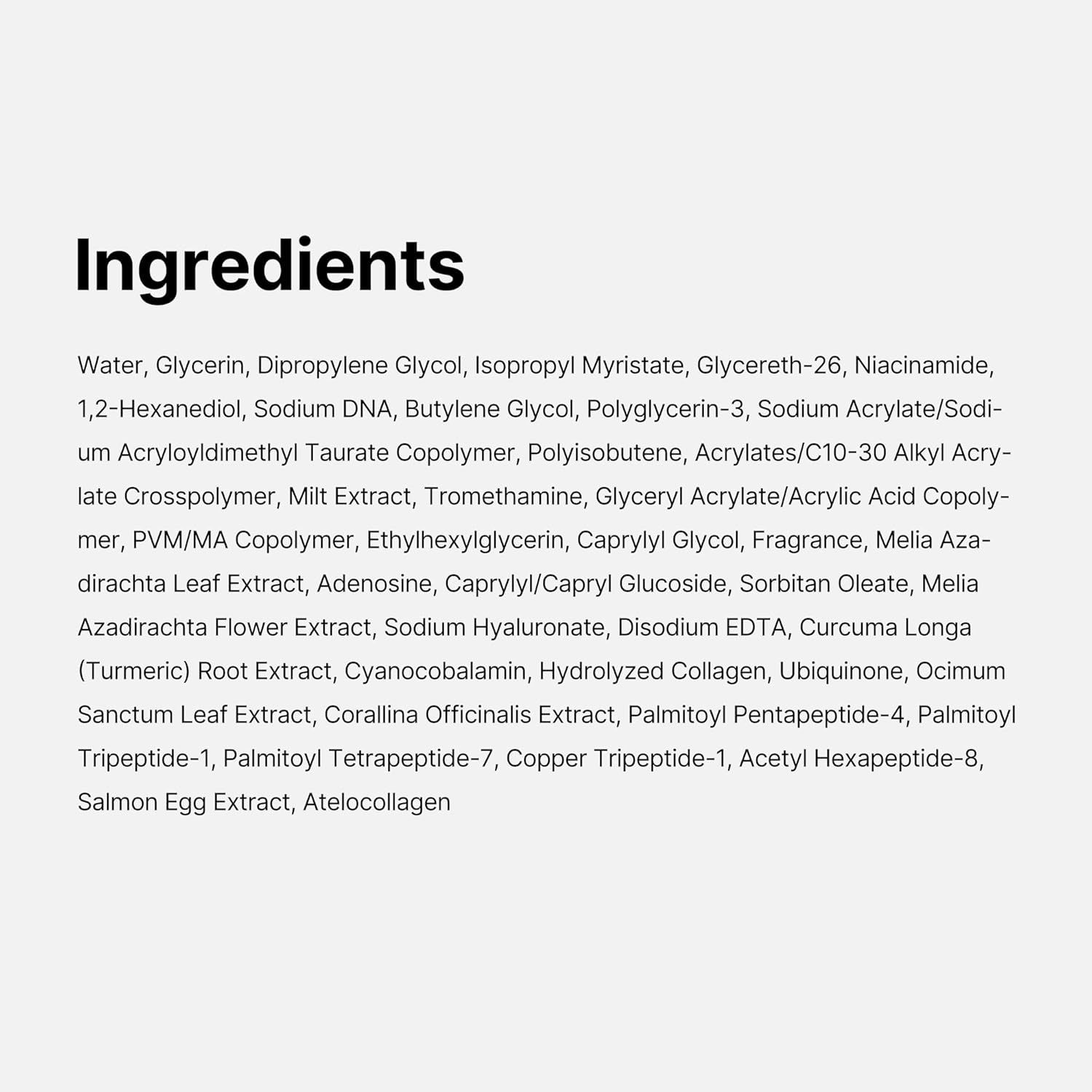 Textliste mit Inhaltsstoffen. Enthält Wasser, Glycerin, Dipropylenglykol, Isopropylmyristat, etc.
